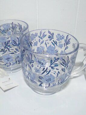 PAPYRUS Coffee Mugs (set of 2) Clear Glass HAND PAINTED Blue Flowers New Tags